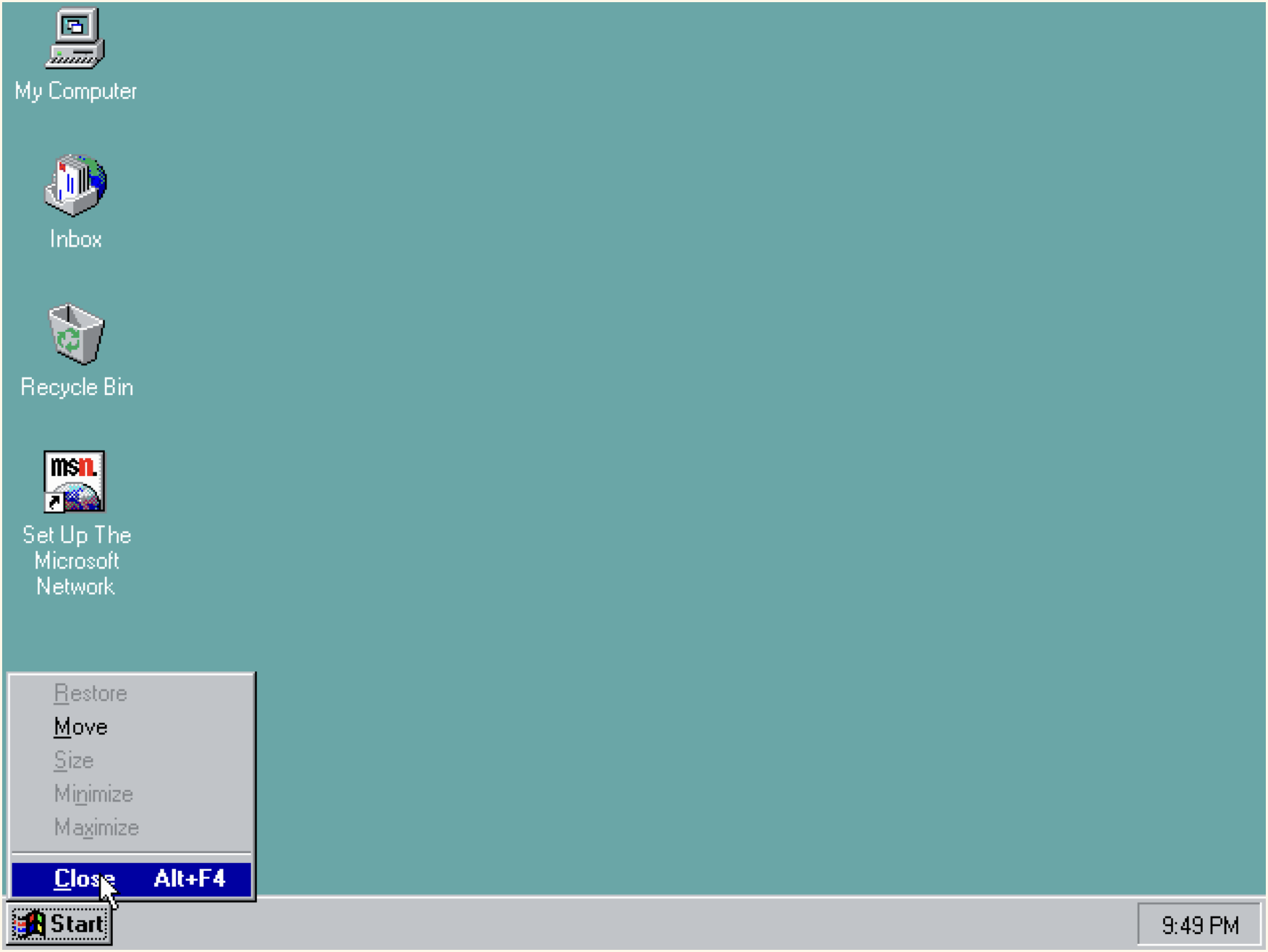 Скриншот рабочего стола Windows 95: иконки «Мой компьютер», «Входящие», «Корзина», «Настройка сети Microsoft» и открытое контекстное меню с выделенной командой «Закрыть Alt+F4».