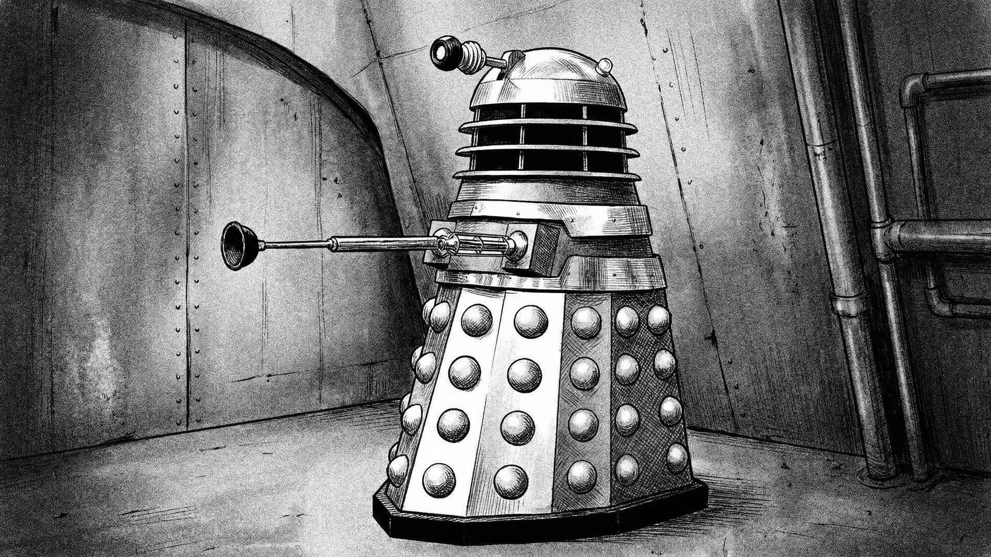 Чёрно-белый рисунок Dalek из «Доктора Кто» в металлическом помещении с трубами и заклёпками; робот стоит, его манипулятор направлен влево.