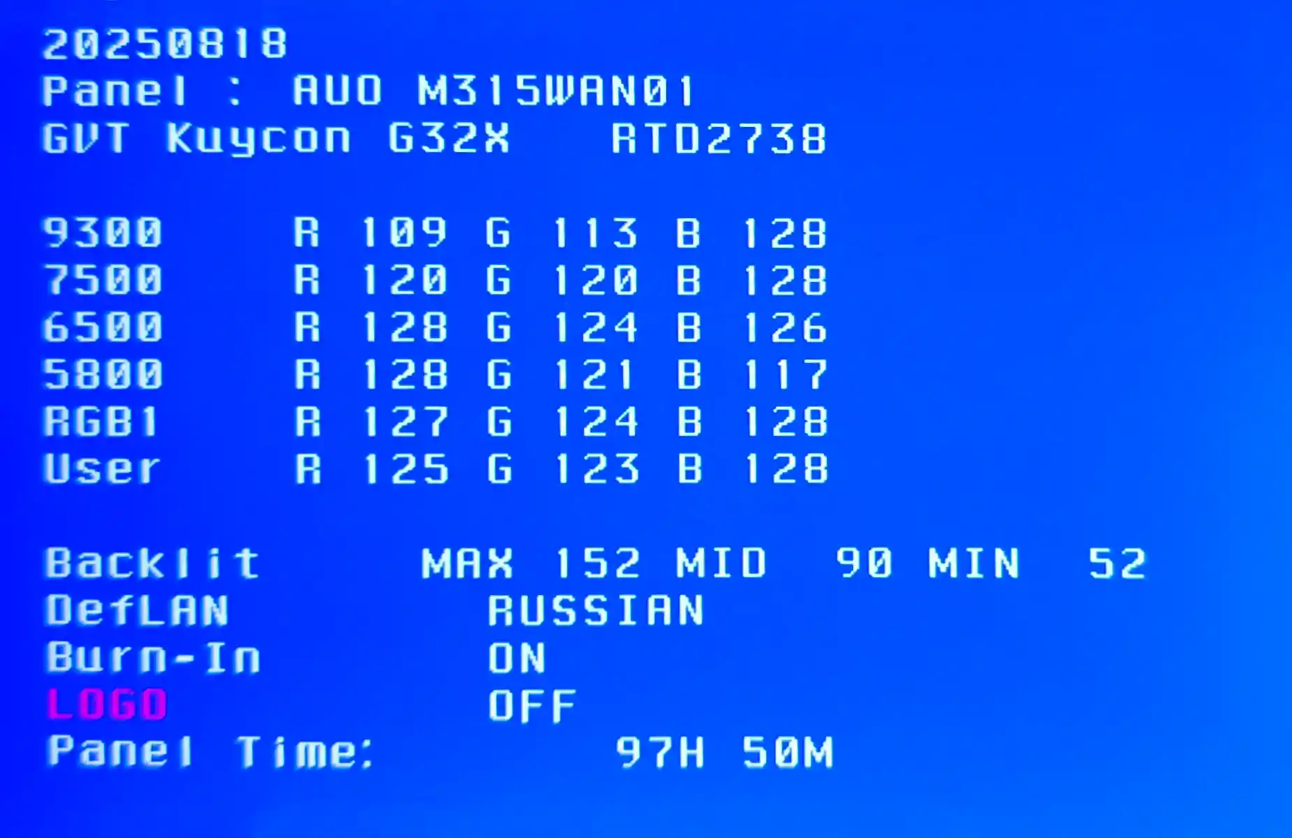Синий экран настроек панели AUO M315WAN01: цветовые профили (9300–User), подсветка (MAX 152, MID 90, MIN 52), язык RUSSIAN, Burn-In ON, LOGO OFF, время работы 97H 50M.